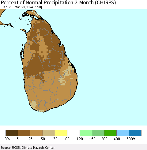 Sri Lanka Percent of Normal Precipitation 2-Month (CHIRPS) Thematic Map For 1/21/2024 - 3/20/2024