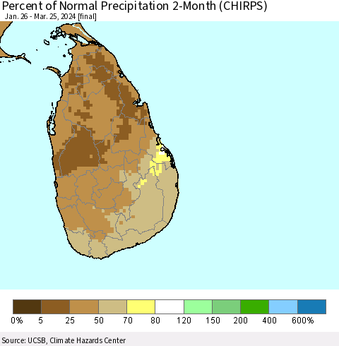 Sri Lanka Percent of Normal Precipitation 2-Month (CHIRPS) Thematic Map For 1/26/2024 - 3/25/2024