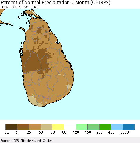 Sri Lanka Percent of Normal Precipitation 2-Month (CHIRPS) Thematic Map For 2/1/2024 - 3/31/2024