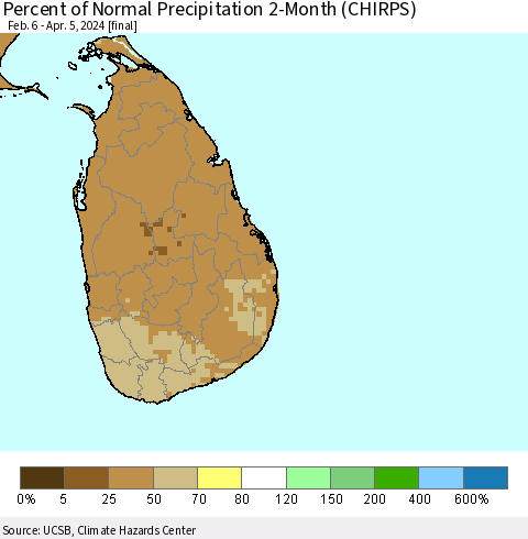 Sri Lanka Percent of Normal Precipitation 2-Month (CHIRPS) Thematic Map For 2/6/2024 - 4/5/2024