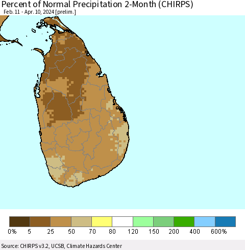 Sri Lanka Percent of Normal Precipitation 2-Month (CHIRPS) Thematic Map For 2/11/2024 - 4/10/2024