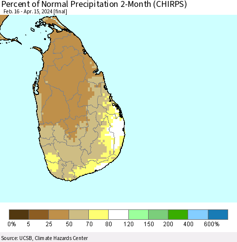 Sri Lanka Percent of Normal Precipitation 2-Month (CHIRPS) Thematic Map For 2/16/2024 - 4/15/2024