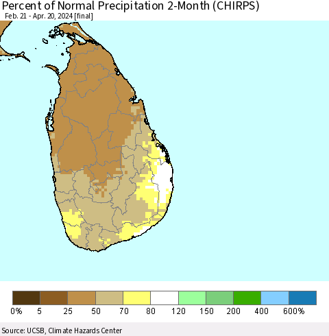 Sri Lanka Percent of Normal Precipitation 2-Month (CHIRPS) Thematic Map For 2/21/2024 - 4/20/2024