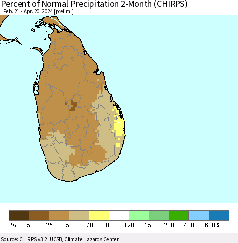 Sri Lanka Percent of Normal Precipitation 2-Month (CHIRPS) Thematic Map For 2/21/2024 - 4/20/2024