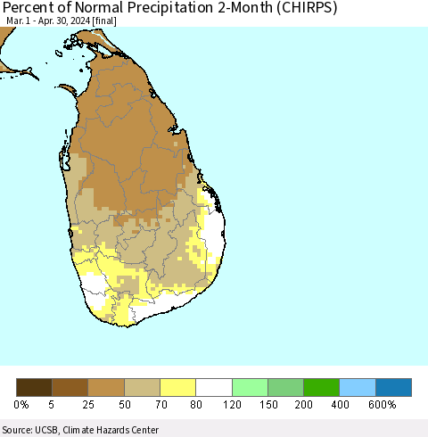 Sri Lanka Percent of Normal Precipitation 2-Month (CHIRPS) Thematic Map For 3/1/2024 - 4/30/2024