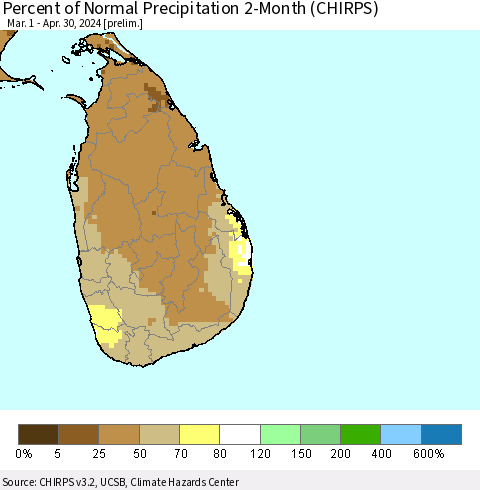 Sri Lanka Percent of Normal Precipitation 2-Month (CHIRPS) Thematic Map For 3/1/2024 - 4/30/2024