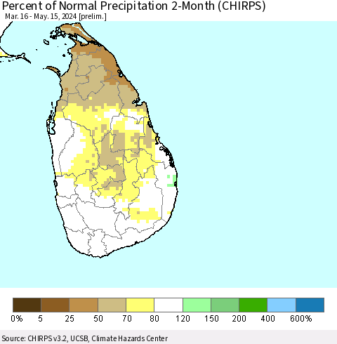 Sri Lanka Percent of Normal Precipitation 2-Month (CHIRPS) Thematic Map For 3/16/2024 - 5/15/2024