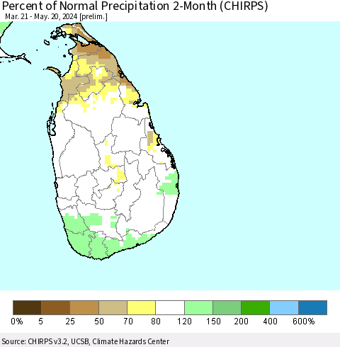 Sri Lanka Percent of Normal Precipitation 2-Month (CHIRPS) Thematic Map For 3/21/2024 - 5/20/2024