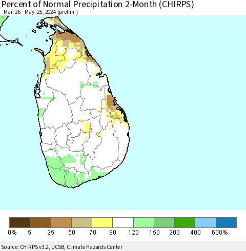 Sri Lanka Percent of Normal Precipitation 2-Month (CHIRPS) Thematic Map For 3/26/2024 - 5/25/2024