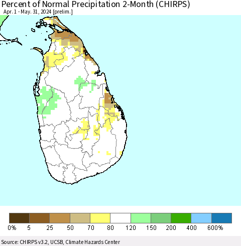 Sri Lanka Percent of Normal Precipitation 2-Month (CHIRPS) Thematic Map For 4/1/2024 - 5/31/2024