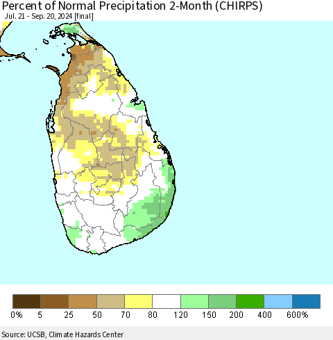 Sri Lanka Percent of Normal Precipitation 2-Month (CHIRPS) Thematic Map For 7/21/2024 - 9/20/2024
