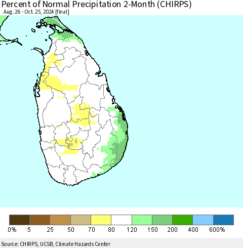 Sri Lanka Percent of Normal Precipitation 2-Month (CHIRPS) Thematic Map For 8/26/2024 - 10/25/2024