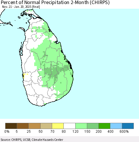 Sri Lanka Percent of Normal Precipitation 2-Month (CHIRPS) Thematic Map For 11/21/2024 - 1/20/2025