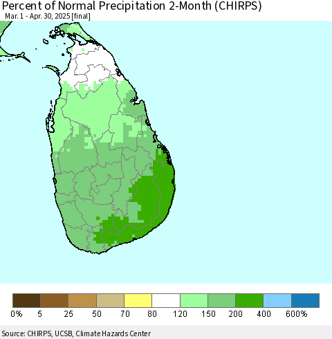 Sri Lanka Percent of Normal Precipitation 2-Month (CHIRPS) Thematic Map For 3/1/2025 - 4/30/2025