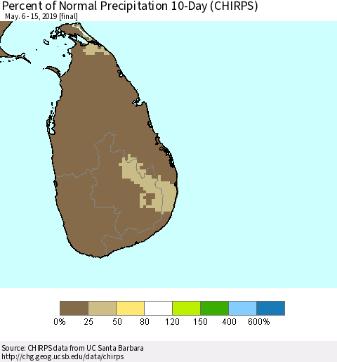 Sri Lanka Percent of Normal Precipitation 10-Day (CHIRPS) Thematic Map For 5/6/2019 - 5/15/2019