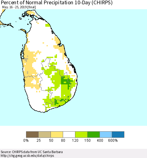 Sri Lanka Percent of Normal Precipitation 10-Day (CHIRPS) Thematic Map For 5/16/2019 - 5/25/2019