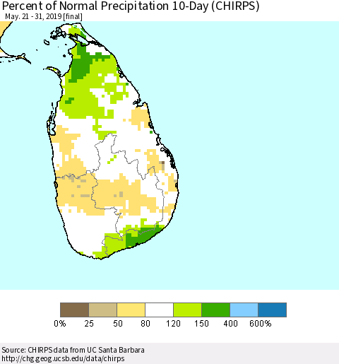 Sri Lanka Percent of Normal Precipitation 10-Day (CHIRPS) Thematic Map For 5/21/2019 - 5/31/2019