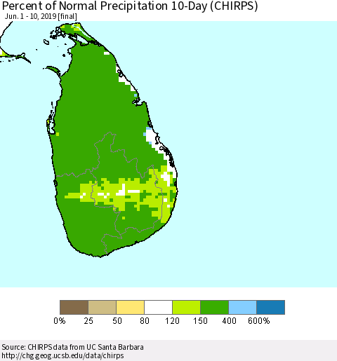Sri Lanka Percent of Normal Precipitation 10-Day (CHIRPS) Thematic Map For 6/1/2019 - 6/10/2019