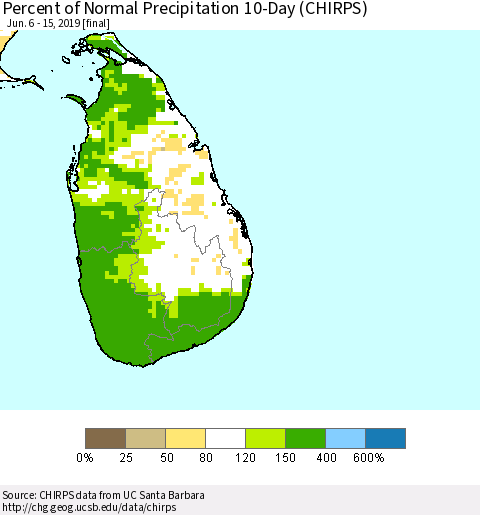Sri Lanka Percent of Normal Precipitation 10-Day (CHIRPS) Thematic Map For 6/6/2019 - 6/15/2019