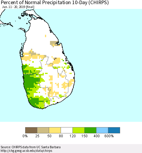 Sri Lanka Percent of Normal Precipitation 10-Day (CHIRPS) Thematic Map For 6/11/2019 - 6/20/2019