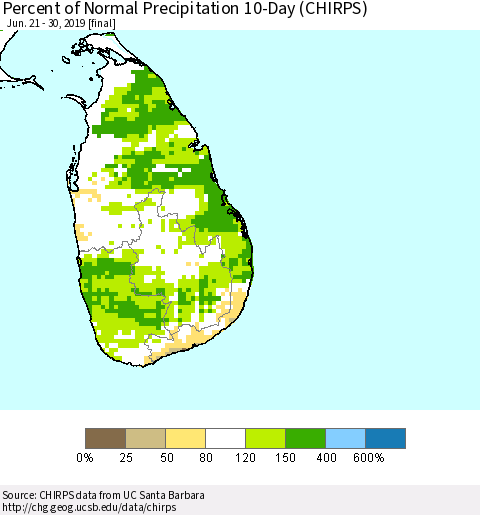 Sri Lanka Percent of Normal Precipitation 10-Day (CHIRPS) Thematic Map For 6/21/2019 - 6/30/2019