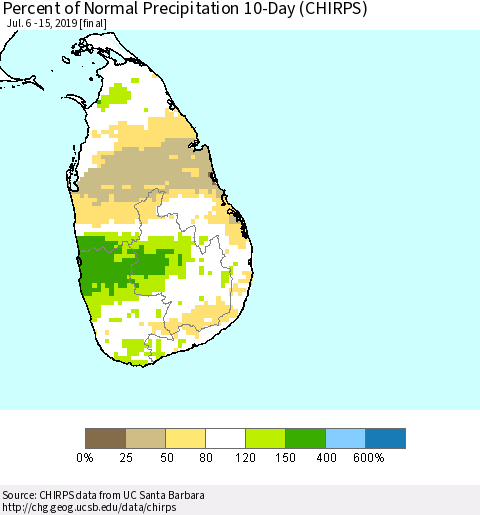Sri Lanka Percent of Normal Precipitation 10-Day (CHIRPS) Thematic Map For 7/6/2019 - 7/15/2019
