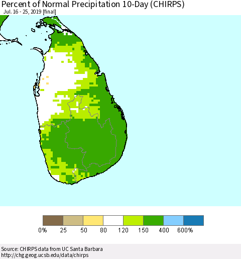 Sri Lanka Percent of Normal Precipitation 10-Day (CHIRPS) Thematic Map For 7/16/2019 - 7/25/2019