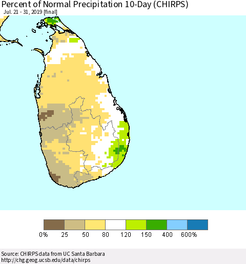 Sri Lanka Percent of Normal Precipitation 10-Day (CHIRPS) Thematic Map For 7/21/2019 - 7/31/2019