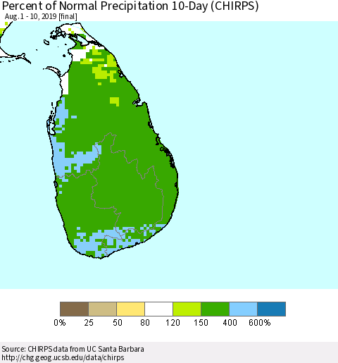 Sri Lanka Percent of Normal Precipitation 10-Day (CHIRPS) Thematic Map For 8/1/2019 - 8/10/2019