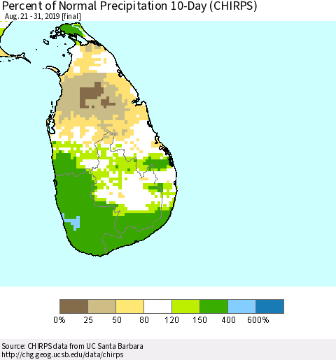 Sri Lanka Percent of Normal Precipitation 10-Day (CHIRPS) Thematic Map For 8/21/2019 - 8/31/2019
