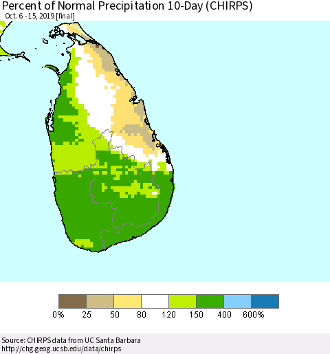 Sri Lanka Percent of Normal Precipitation 10-Day (CHIRPS) Thematic Map For 10/6/2019 - 10/15/2019