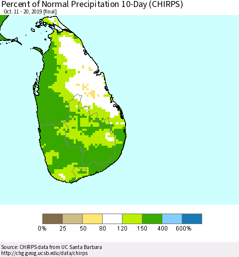 Sri Lanka Percent of Normal Precipitation 10-Day (CHIRPS) Thematic Map For 10/11/2019 - 10/20/2019