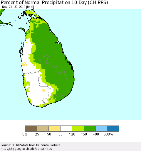 Sri Lanka Percent of Normal Precipitation 10-Day (CHIRPS) Thematic Map For 11/21/2019 - 11/30/2019