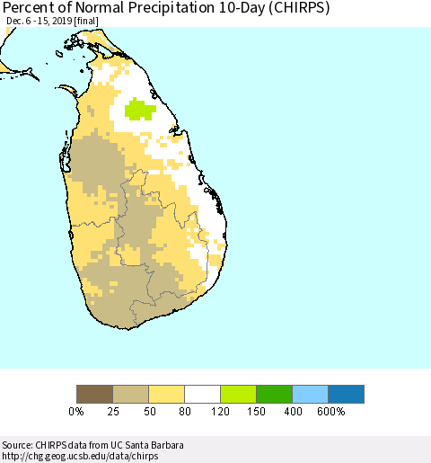 Sri Lanka Percent of Normal Precipitation 10-Day (CHIRPS) Thematic Map For 12/6/2019 - 12/15/2019