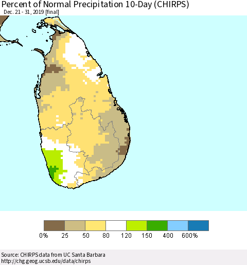 Sri Lanka Percent of Normal Precipitation 10-Day (CHIRPS) Thematic Map For 12/21/2019 - 12/31/2019