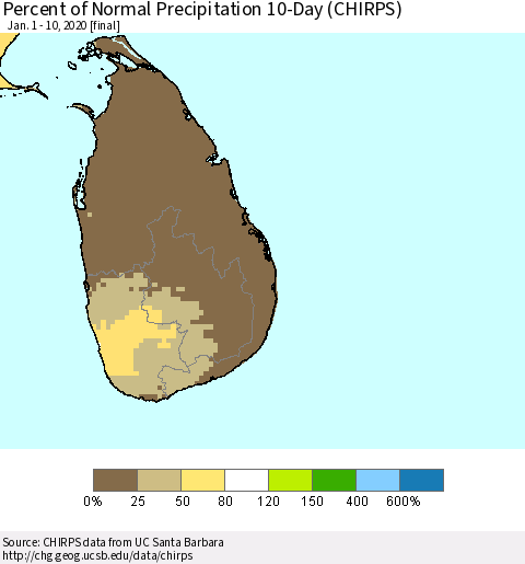 Sri Lanka Percent of Normal Precipitation 10-Day (CHIRPS) Thematic Map For 1/1/2020 - 1/10/2020