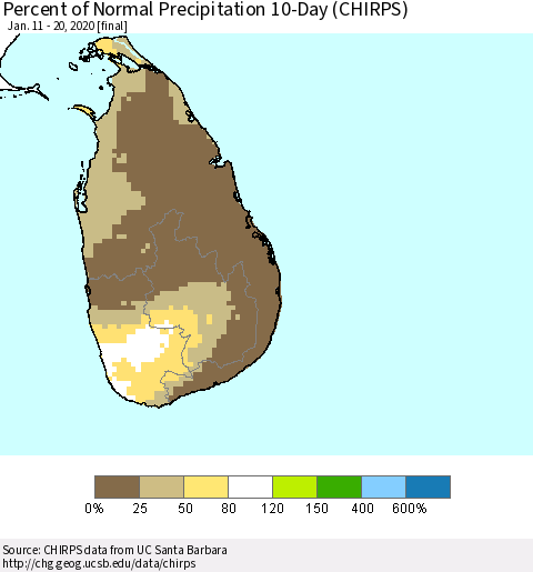 Sri Lanka Percent of Normal Precipitation 10-Day (CHIRPS) Thematic Map For 1/11/2020 - 1/20/2020