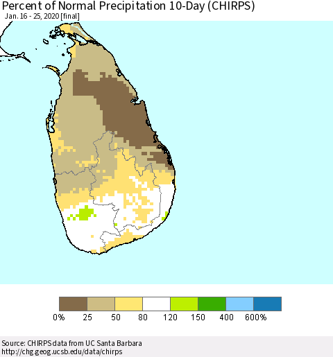 Sri Lanka Percent of Normal Precipitation 10-Day (CHIRPS) Thematic Map For 1/16/2020 - 1/25/2020