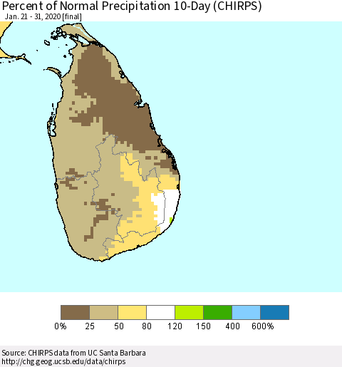 Sri Lanka Percent of Normal Precipitation 10-Day (CHIRPS) Thematic Map For 1/21/2020 - 1/31/2020
