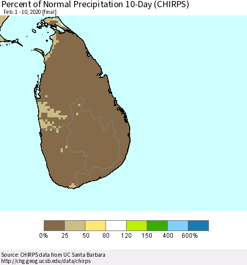Sri Lanka Percent of Normal Precipitation 10-Day (CHIRPS) Thematic Map For 2/1/2020 - 2/10/2020