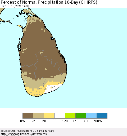 Sri Lanka Percent of Normal Precipitation 10-Day (CHIRPS) Thematic Map For 2/6/2020 - 2/15/2020