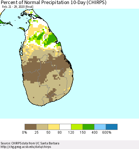 Sri Lanka Percent of Normal Precipitation 10-Day (CHIRPS) Thematic Map For 2/21/2020 - 2/29/2020