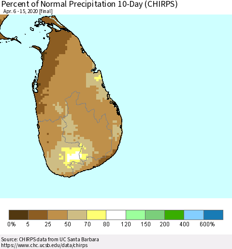 Sri Lanka Percent of Normal Precipitation 10-Day (CHIRPS) Thematic Map For 4/6/2020 - 4/15/2020