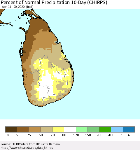 Sri Lanka Percent of Normal Precipitation 10-Day (CHIRPS) Thematic Map For 4/11/2020 - 4/20/2020