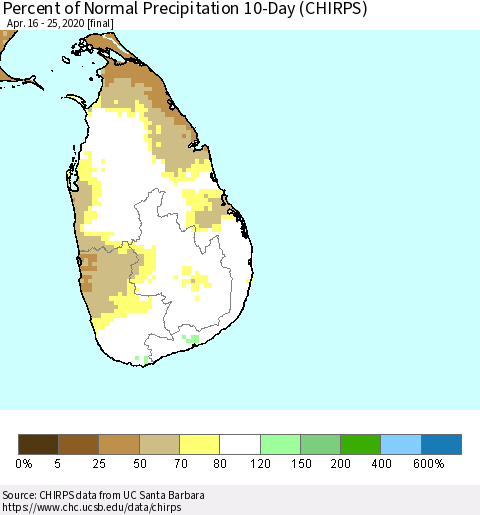 Sri Lanka Percent of Normal Precipitation 10-Day (CHIRPS) Thematic Map For 4/16/2020 - 4/25/2020