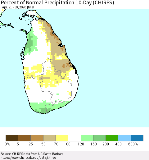 Sri Lanka Percent of Normal Precipitation 10-Day (CHIRPS) Thematic Map For 4/21/2020 - 4/30/2020