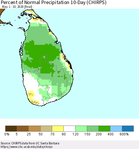 Sri Lanka Percent of Normal Precipitation 10-Day (CHIRPS) Thematic Map For 5/1/2020 - 5/10/2020