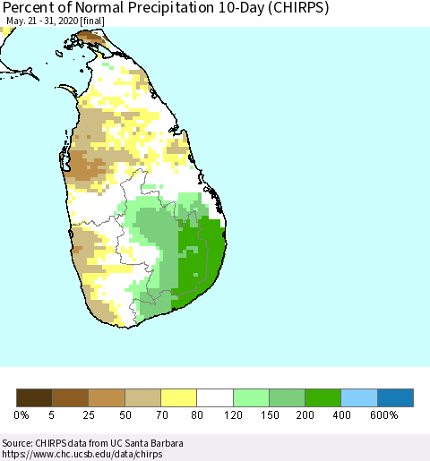 Sri Lanka Percent of Normal Precipitation 10-Day (CHIRPS) Thematic Map For 5/21/2020 - 5/31/2020