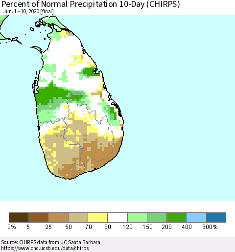 Sri Lanka Percent of Normal Precipitation 10-Day (CHIRPS) Thematic Map For 6/1/2020 - 6/10/2020