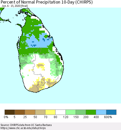 Sri Lanka Percent of Normal Precipitation 10-Day (CHIRPS) Thematic Map For 6/6/2020 - 6/15/2020